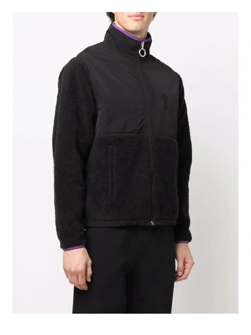 AMI Paris Black Reversible-style Fleece Jacket with Purple Trim - Picture 3 of 5